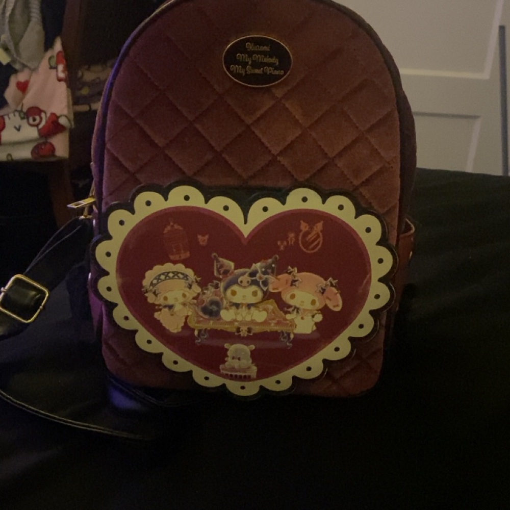 Hello Kitty Quilted Heart Backpack in Burgundy and Cream